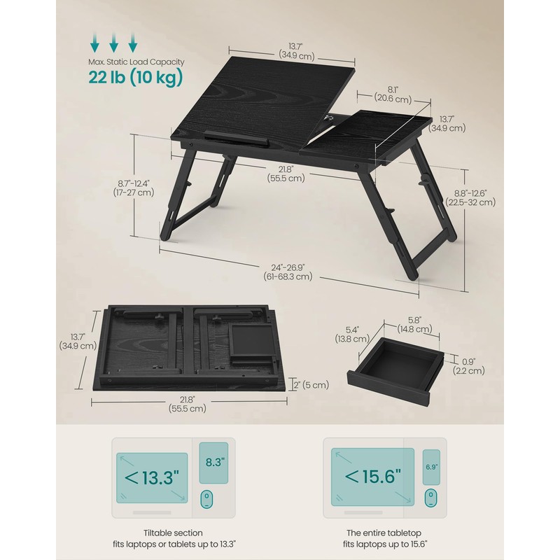 SONGMICS Laptop Desk, Bed Sofa Breakfast Tray, Adjustable Tilt Top,