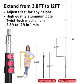 12FT Extendable Pole – Telescoping Extension Pole with 3/4" Threaded Tip – Fits Brushes Nets Rollers – Extends from 3.8FT to 12FT – for Pool, Window, Roof Cleaning