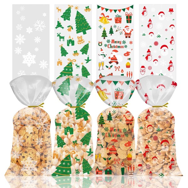 TERJBG Pack of 100 Christmas Bags, 4 Styles Cookie Bags Christmas, 27 x 13 cm / 10.6 x 5.1 Inch Biscuit Goody Bags with 100 Pieces Twist Ties, Transparent Gift Bags, Bags for Filling