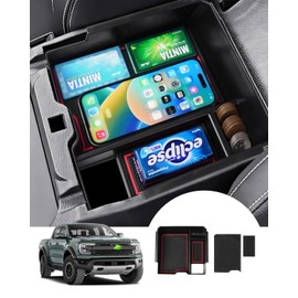 Autorder Center Console Organizer for 2024 2025 2026 Ford Ranger Accessories Armrest Storage Box Secondary Insert Tray with 2 Color Mats (ONIF FIT Electric handbrake Version)