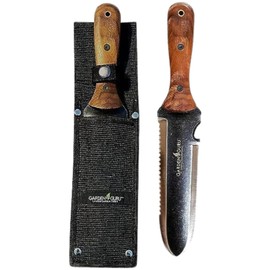 Garden GURU Hori Hori Gardening Knife for Weeding Digging Pruning & Cultivating - Stainless Steel Full Tang Blade | Walnut Wood Handle | Marks for Measuring Planting Depth | Nylon Sheath for Storage