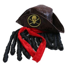 PerFest Pirate Captain Tricorn Hat with Integrated Black Dreadlock Wig. Handcrafted Brown Faux Leather Costume Accessory for Dress-Up Parties
