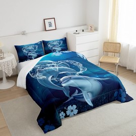 Cute Dolphin Comforter Set Queen Size,Dolphins Play with Water Bedding Set for Kids Boys Girls Bedroom Decoration,Moonlight at Night Bed Duvet Insert,Sea Animals Comforter with 2 Pillowcase