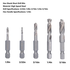 Pack of 5 Drill Bits with Hex Shank Impact 1/4 Inch Hex Shank Metal Drill Bit for Angle Drill and Machining Drilling, 1/4, 1/8, 3/16, 5/16, 3/32 Inch