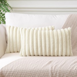Sungeek Set of 2 Cream Faux Rabbit Fur Cushion Covers 30x50 cm, Soft Cozy Plush Striped Decorative Throw Pillow Covers 12x20 inch Velvet Lumbar Pillowcases for Sofa Bedroom