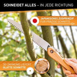 HARDTWERK Alpha Folding Saw with Bamboo Handle (210 mm) for Garden, Outdoor, Bushcraft Including S-Carabiner, Hand Saw Wood Made of SK5 Carbon Steel, All-Purpose Folding Hand Saws, Garden Hand Saw
