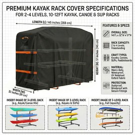 Kayak Rack Cover, Heavy-Duty 600D Waterproof & UV-Resistant, Outdoor Protection for 2-4 Levels 10-12ft Kayaks Racks, Freestanding Kayak, Canoe, SUP & Paddleboard Racks(145”L x 32”W x 57”H)