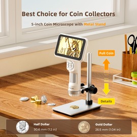 LM115 LCD Digital Coin Microscope for Adults and Kids, 5'' Handheld USB Coin Magnifier with Screen, Anti-Shake, Portable 12MP Microscope Camera with 8 LED Lights, PC View, Metal Stand, 1080P Video