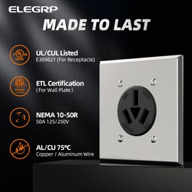 ELEGRP 50 Amps Range Power Receptacle,125/250V Flush Mounting Power Outlet UL Listed, NEMA 10-50R Straight Blade Range Outlet with Stainless Steel Wall Plate, Non-Grounding, 3 Pole 3 Wire, 1 Pack