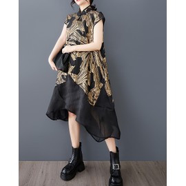 ellazhu Women's Dress Patterned Sleeveless Two Side Pockets High Neck Asymmetrical Hem Casual Loose GZ425 Black