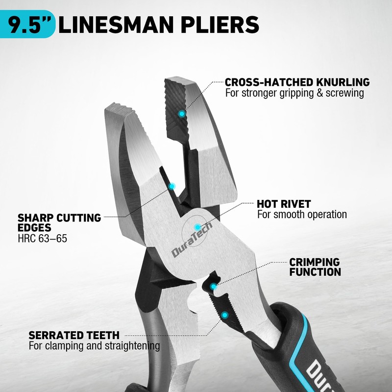 DURATECH 9.5 INCH High Leverage Linemans Pliers, Heavy Duty Side