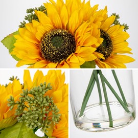 DILATATA Artificial Sunflower Arrangement in Clear Glass Vase with Fake Water, 9.4" Realistic Faux Sunflowers Table Decor for Farmhouse Home, Rustic Centerpieces for Kitchen Dining Living Room Office