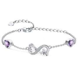 Qings Infinity Heart February Birthstone Bracelet 925 Sterling Silver Adjustable ECG Heartbeat 2 Amethyst Birthstones Bracelets with Purple CZ Chain Bracelet, Birthday Jewelry Gift for Women Wife Mom