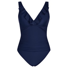 Mycoco Traje de baño de una pieza con cuello en V para mujer, con volantes y cordones, con control de barriga, traje de baño fruncido, bikini vintage, Azul marino/flor y brillo, 12