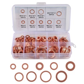 DIANN 200pcs Flat Copper Washer Assortment Set 9 Sizes M5-M14 O Ring Copper Gaskets Set Flat Ring Seal Kit