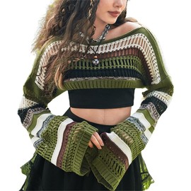 WDIRARA Women's Striped Crochet Crop Sweater Colorblock Drop Shoulder Pullovers Boat Neck Long Sleeve Tops Multicolor L