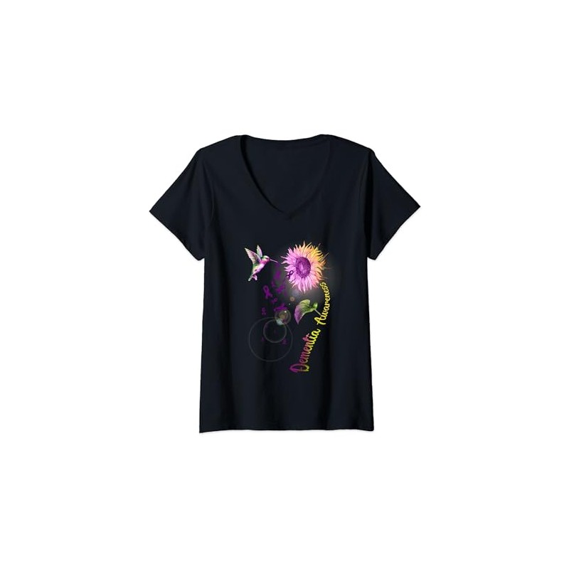 Womens Dementia Sunflower Hummingbird V-Neck T-Shirt