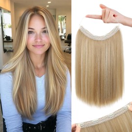 REECHO 16" Invisible Wire Hair Extensions with Thinner Softer Lace Weft Adjustable Size Removable Secure Clips in Short Straight Secret Hairpiece for Women - Golden Blonde with Highlights