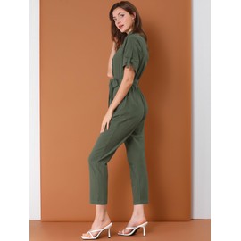 Allegra K Women's Short Sleeve Collared Cropped Coverall Button Down Tie Waist Cotton Cargo Jumpsuit X-Large Green