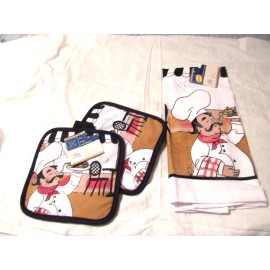 Greenbriar International Fat Chef Styled Kitchen Dish Towel and 2 Pot Holders - New