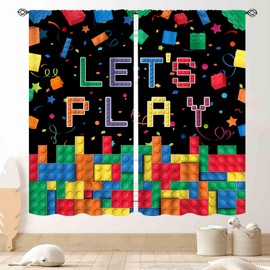 Kids Boys Curtains for Bedroom, Colorful Building Blocks Toys Plastic Brick Toy Pattern Abstract Contour Printed Blackout Drapes for Boys Room Living Room Nursery Party Decor 2 Panels, 63"x63" Inch