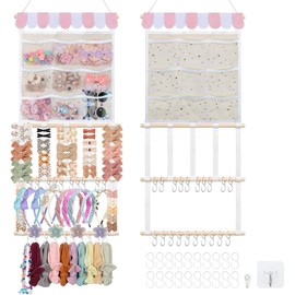 Organizador de lazo para niñas, soporte para la diadema con 9 bolsillos de malla, organizador de clips para el pelo, accesorios para el cabello de pared para niños pequeños y niñas (32 x 15