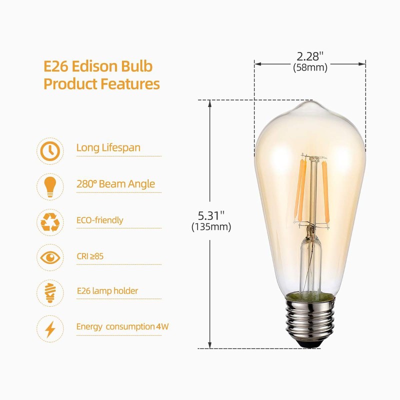 HESSION Vintage LED Edison Bulbs 4W ST58,Equivalent 60W,Dimmable,6 Pack E26