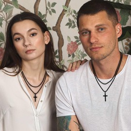 LUXEJEW Cross Necklace for Men - Gold Silver Black Stainless Steel Cross Pendant Necklace Layered Cuban Link Chain Box Chain Mens Jewelry Gifts, 18in/20in, Stainless Steel, No Gemstone