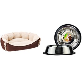 Fancy Pets Cama Maltes para Perro Tamaño Mediana Color Café  Plato de Acero para Perro de 24 Onzas o 680 Gramos con Antiderrapante                    