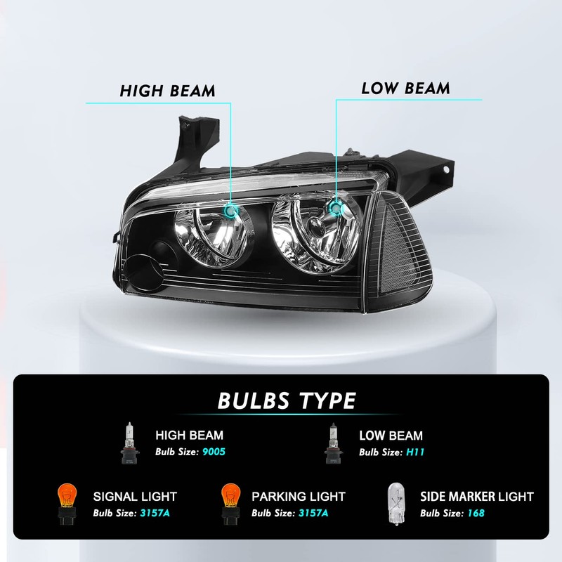 TUSDAR Halogen Headlight Assembly Set Replacement for 2006-2010 Dodge Charger