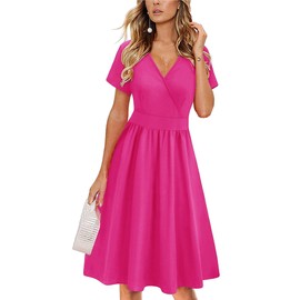 VOTEPRETTY Women's Summer Short Sleeve V Neck Wrap Easter Dress Spring Casual Floral Sundress with Pockets 2024(Hot Pink,XXL)
