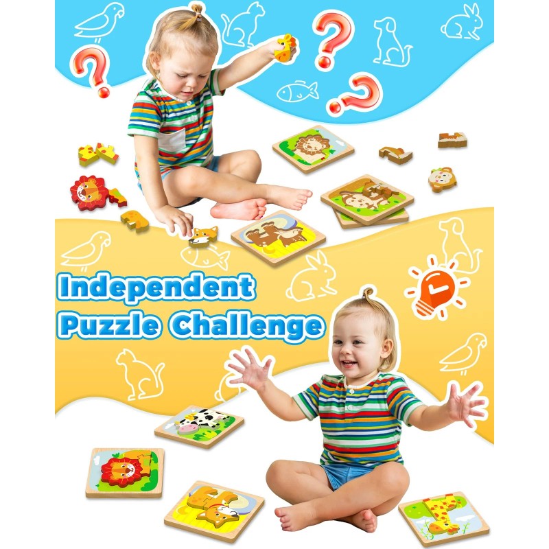 Benresive Wooden Toddler Puzzles, 6pcs Animal Montessori Toys for 1-3