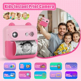Gugxiom Kids Camera Instant Print,1080P Kids' Digital Cameras with 32GB SD Card & 3 Rolls of Printer Paper,Kids Camera for Boys & Girls Age 3-12 (Pink)