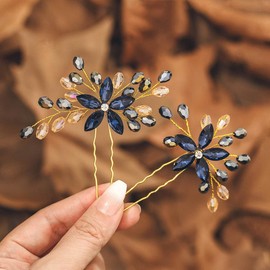IYOU Strass Hochzeit Haarnadeln Marineblau Blume Kopfstück Kristall Barock Brautjungfer Prom Haarschmuck für Frauen(2 Stück)