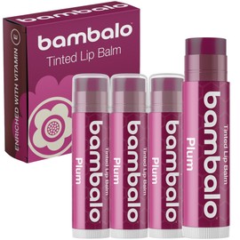 Paquete de 4 bálsamos labiales con color ciruela ingredientes naturales y orgánicos, hidratantes y humectantes, fabricados en EE. UU.                 