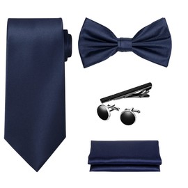 TIE G 5pcs Tie Set in Premium Gift Box : Solid Color Necktie, Satin Bow Tie, Pocket Square, Tie Bar, Cuff Links (D-BB Navy)