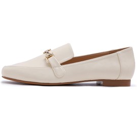 FEVERSOLE Women's Fashion Trim Deco Loafer Slippers Beige Plain PU Size 8.5 M US