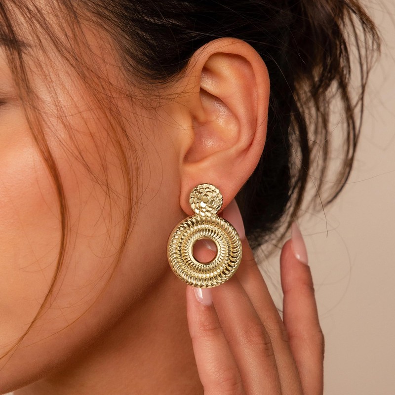 14K Gold-Plated Chunky Gold Earrings for Women Circle Square Drop