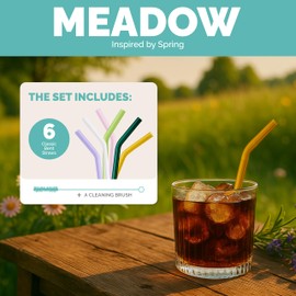 Simply Straws 6 Inch Glass Straws Bent (6-Pack) – Reusable Glass Straws for Low Balls & Stemless Glasses, with Cleaning Brush – Dishwasher Safe, Hot & Cold Use, BPA-Free (Meadow)