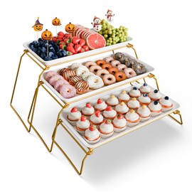 Extra Large 3-Tier Melamine Serving Tray Set, 17"x8.7" Platters with 3 Collapsible Metal Stand Display for Cupcakes, Serving Food, Dessert, Fruit, for Party Buffet Entertaining, Gold