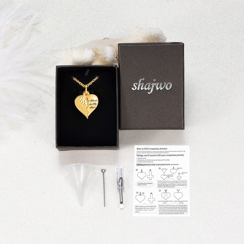 shajwo Cremation Jewelry Angel Wing Heart Urn Necklaces for Ashes