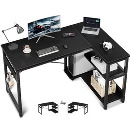 Casaottima L Shaped Computer Desk, 48 Inch Small Corner Desk with Storage Shelves & PC Stand, Reversible Gaming Desk for Bedroom, Modern Writing Study Table for Home Office, Black