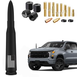 America Flag Truck Car Bullet Antenna with Valve Stem Caps Mast for GM Chevy Silverado 1500 2500 3500 HD Ford F150 F250 F350 Denali Heavy Pickup Jeep AM/FM Truck Accessories (Matte Black)-Anti Theft
