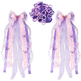 TVSVKWE 2 Pieces Of Ribbon Bow And 100 Purple Hair Rings, Girls' Hair Accessories, Elastic Ponytail Hair Rings, Hairstyle Decorations.