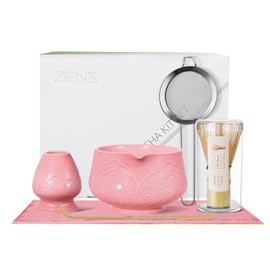 ZENS Matcha Set Pink, Japanese Matcha Tea Ceremony Kit, 6pcs Matcha Tea Set with Bamboo Whisk and Ceramic Bowl & (Chasen Holder) Scoop, and Sifter Soft Towel, Gift for Matcha Latte Lover