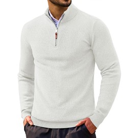 Cotrasen Mens Quarter Zip Pullover Winter 1/4 Zip Sweater Long Sleeve Warm Besiness Casual Mock Neck Dress Sweaters for Men White 2XL