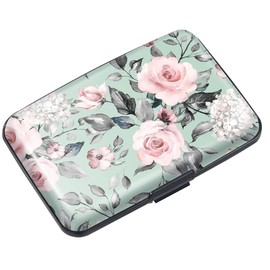 Coco Rossi Mini Credit Card Holder for Women,RFID Blocking Slim Hard Card Case ID Case Travel Wallet, Green Flowers.