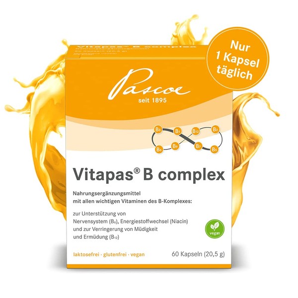Vitapas B Complex: Vitamin B Complex with All 8 Important B Vitamins (B1, B2, B3, B5, B6, B12), Biotin & Folic Acid - Energy & Strong Nerves - Vegan, Lactose & Gluten Free - 60 Capsules