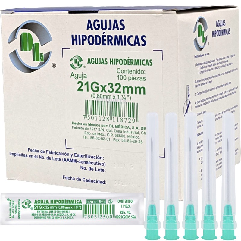 Caja 100 Agujas Hipodérmica Desechable Calibre 21G x 32 mm