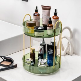 CESTATIVO Makeup Organiser for Vanity, 360° Rotating Bathroom Organiser Countertop, High-Capacity Skincare Organiser, Spinning Cosmetics Organiser for Vanity Dresser Bathroom (2 Tiers, Green)